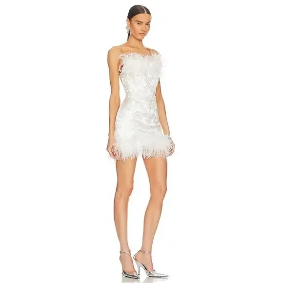 Sau Lee Jayde Sateen Jacquard Feather Hem Ivory White Mini Dress Size 14 - Picture 2 of 13